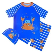 Little Boy Swimsuit Set 3 Piece Short Sleeve Swim Shirt Swim Trunks Rash Guard Bathing Suits For Kids Size 6-7T